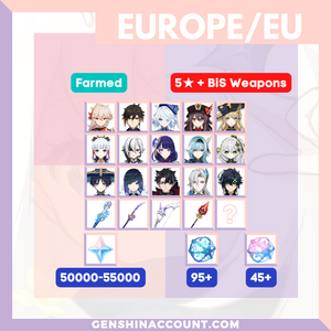 Europe Genshin Impact Primogems Reroll Characters BiS Weapons Farmed Starter Account