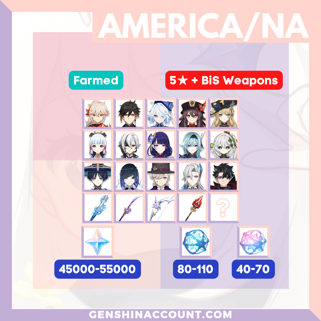 America Genshin Impact Primogems Reroll Characters BiS Weapons Farmed Starter Account