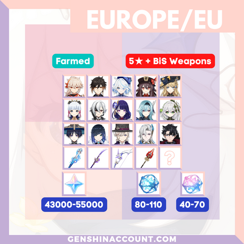 Europe Genshin Impact Primogems Reroll Characters BiS Weapons Farmed Starter Account